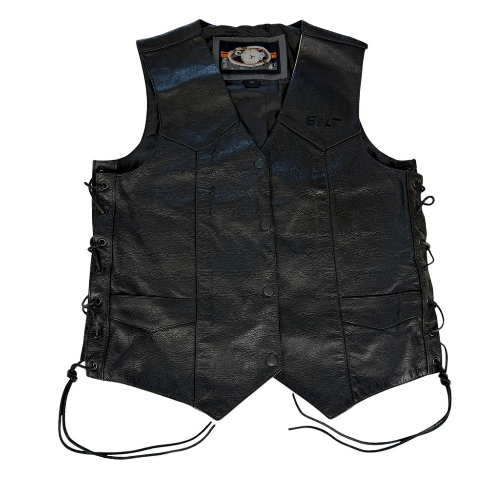 BILT Mens XL Black Leather Motorcycle Vest Side Lace Snap Front Biker Moto Vest